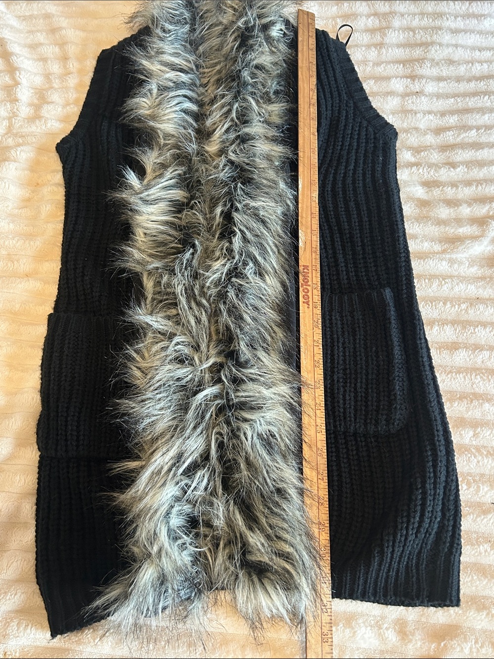 Jessica Simpson Faux Fox Fur Knit Sweater Vest Cardigan Black Women Small - Picture 8 of 9